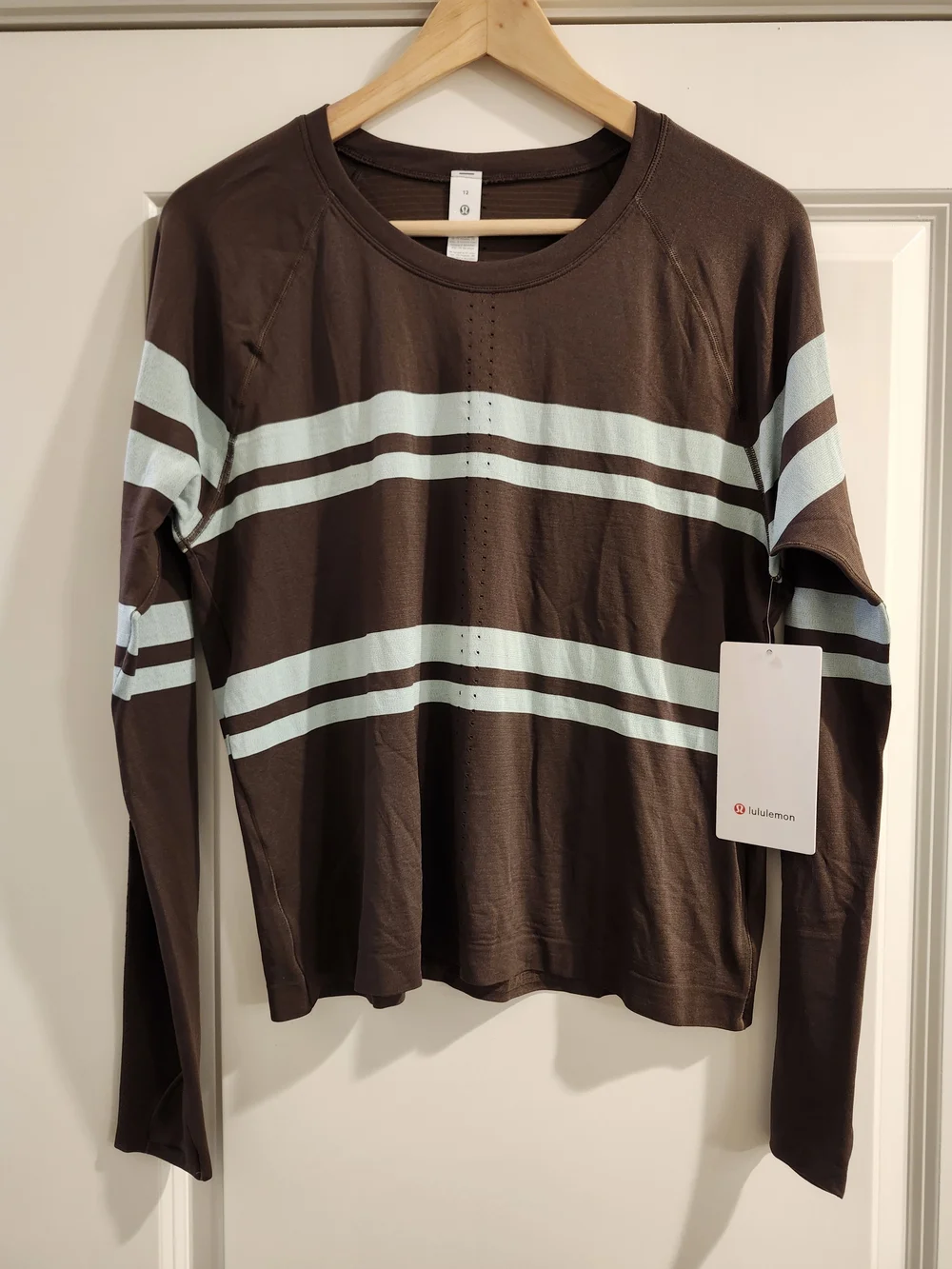 Lululemon Swiftly Tech Long Sleeve 2.0 Race Stripe Brown Foam Size 12 NWT